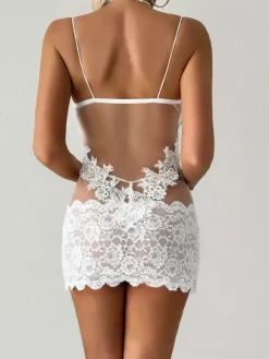 Chemise Sheer Floral Lace Babydoll Spaghetti Strap See-Through Mesh Mini Lingerie Slip Dress