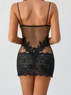 Chemise Sheer Floral Lace Babydoll Spaghetti Strap See-Through Mesh Mini Lingerie Slip Dress