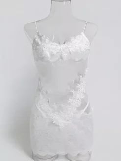 Chemise Sheer Floral Lace Babydoll Spaghetti Strap See-Through Mesh Mini Lingerie Slip Dress