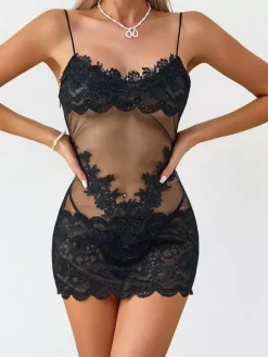 Chemise Sheer Floral Lace Babydoll Spaghetti Strap See-Through Mesh Mini Lingerie Slip Dress