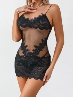 Chemise Sheer Floral Lace Babydoll Spaghetti Strap See-Through Mesh Mini Lingerie Slip Dress