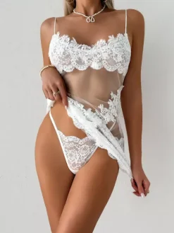 Chemise Sheer Floral Lace Babydoll Spaghetti Strap See-Through Mesh Mini Lingerie Slip Dress
