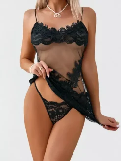Chemise Sheer Floral Lace Babydoll Spaghetti Strap See-Through Mesh Mini Lingerie Slip Dress