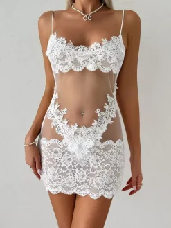 Chemise Sheer Floral Lace Babydoll Spaghetti Strap See-Through Mesh Mini Lingerie Slip Dress