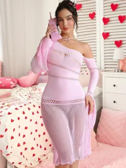 Chemise Valentine's Day Pink Fishnet Off-Shoulder Hollow-Out Sheer Mesh Lingerie Dress