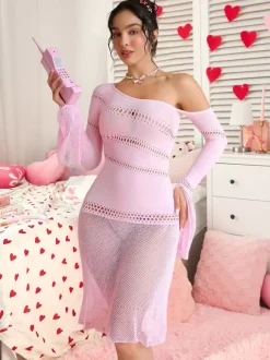 Chemise Valentine's Day Pink Fishnet Off-Shoulder Hollow-Out Sheer Mesh Lingerie Dress