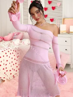 Chemise Valentine's Day Pink Fishnet Off-Shoulder Hollow-Out Sheer Mesh Lingerie Dress