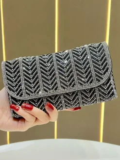 Chevron Rhinestone Envelope Clutch Bag Detachable Chain Strap Sparkly Evening Wedding Party Hand Purse
