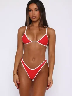 Chic Contrast Bikini Set For Women - Red And White Sporty Triangle Top With High Cut Cheeky Bottoms - Summer Pool Party 2026