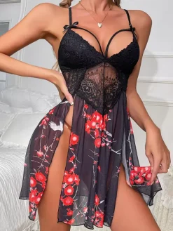 Chic Daily Casual Lace Floral Print Black Babydolls & Chemises