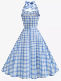Chic Fitted Blue Plaid Gown With A Line Skirt Perfect For Summer Parties