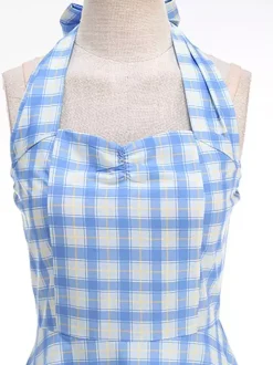 Chic Fitted Blue Plaid Gown With A Line Skirt Perfect For Summer Parties