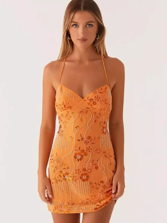 Chic Fitted Orange Gown With Floral Sequin Detail Perfect For Parties