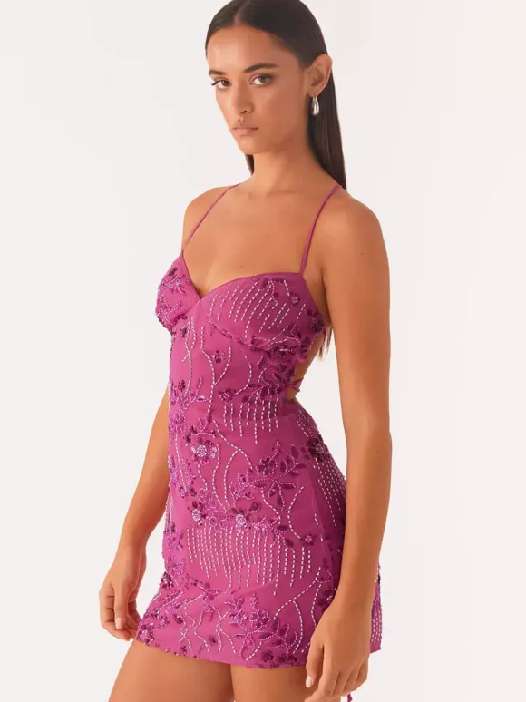Chic Fitted Orange Gown With Floral Sequin Detail Perfect For Parties