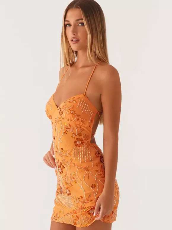 Chic Fitted Orange Gown With Floral Sequin Detail Perfect For Parties
