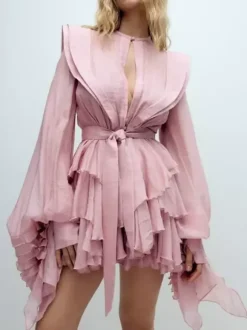 Chic Fitted Pink Gown With Layered Ruffle Perfect For Summer
