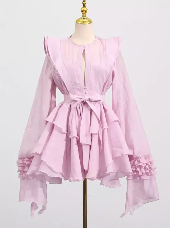 Chic Fitted Pink Gown With Layered Ruffle Perfect For Summer
