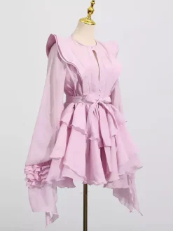 Chic Fitted Pink Gown With Layered Ruffle Perfect For Summer