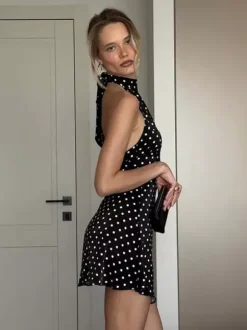 Chic Fitted Red Gown With Polka Dots Perfect For Summer Parties