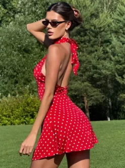 Chic Fitted Red Gown With Polka Dots Perfect For Summer Parties