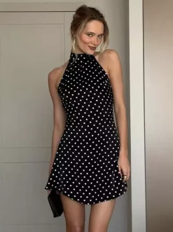 Chic Fitted Red Gown With Polka Dots Perfect For Summer Parties