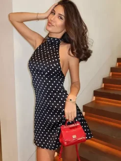 Chic Fitted Red Gown With Polka Dots Perfect For Summer Parties