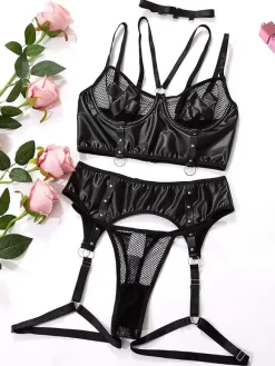 Chic Lingerie 3-Piece Black Bra Panty Garter Sets