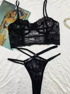 Chic Lingerie 2-Piece Floral Print Embroidered Black Bra Panty Sets