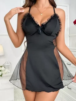 Chic Sleep Ruffles Sheer Black Pajamas Sleepwear Babydolls & Chemises