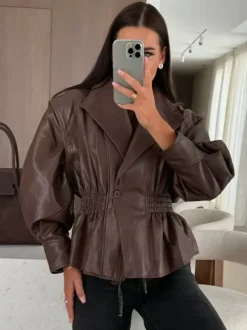 Chic Black Faux Leather Peplum Jacket Elastic Waist Blazer For Women 2026