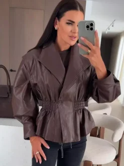 Chic Black Faux Leather Peplum Jacket Elastic Waist Blazer For Women 2026