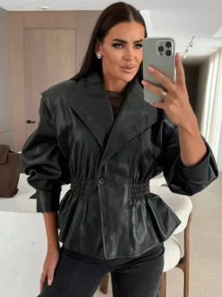Chic Black Faux Leather Peplum Jacket Elastic Waist Blazer For Women 2026