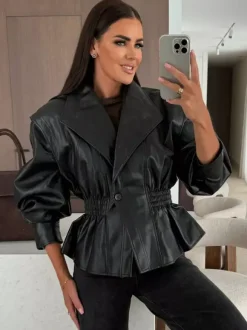 Chic Black Faux Leather Peplum Jacket Elastic Waist Blazer For Women 2026