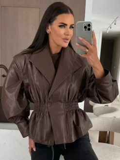 Chic Black Faux Leather Peplum Jacket Elastic Waist Blazer For Women 2026