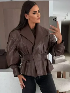 Chic Black Faux Leather Peplum Jacket Elastic Waist Blazer For Women 2026
