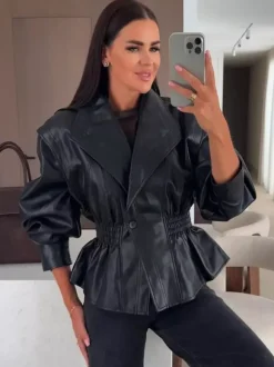 Chic Black Faux Leather Peplum Jacket Elastic Waist Blazer For Women 2026