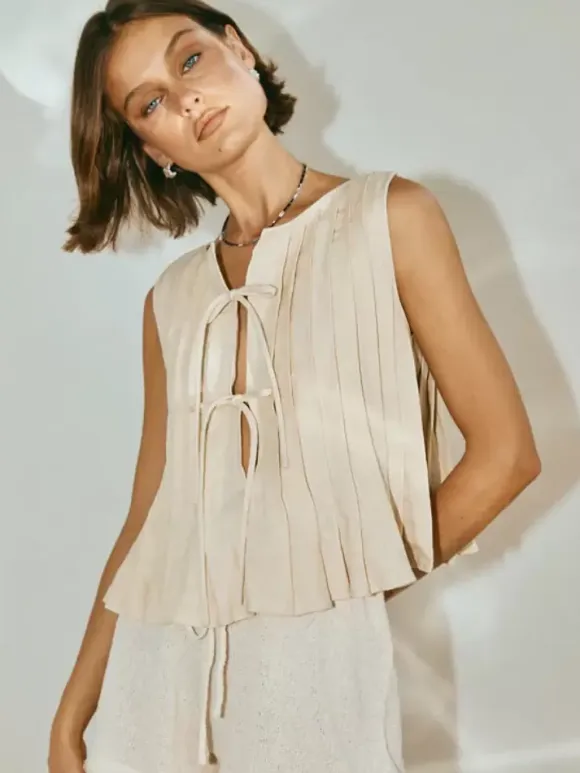 Chic Cami Top Lace Up Pleated Round Neck Summer Casual Women Top