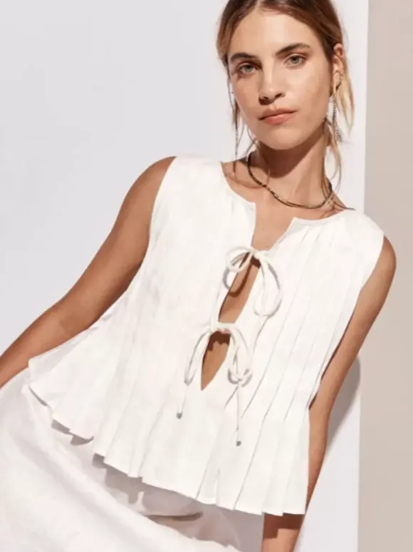 Chic Cami Top Lace Up Pleated Round Neck Summer Casual Women Top
