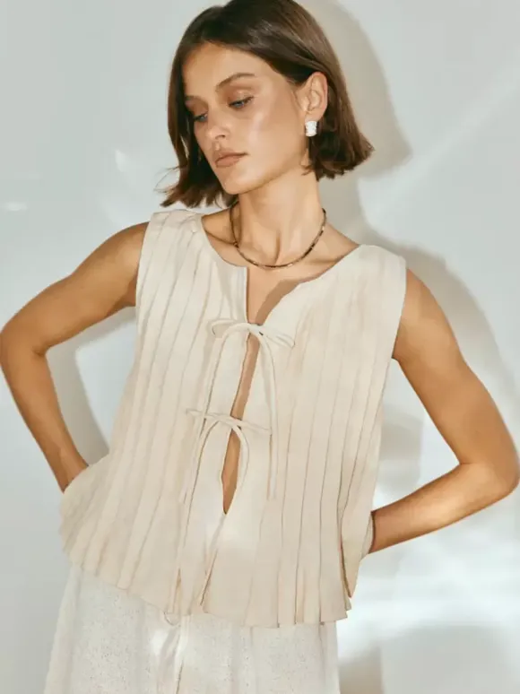 Chic Cami Top Lace Up Pleated Round Neck Summer Casual Women Top