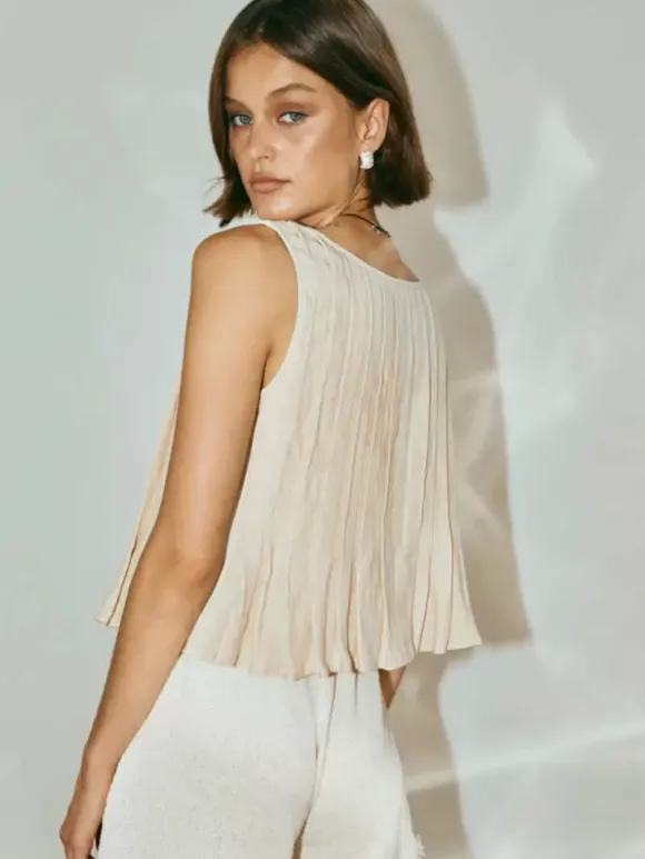 Chic Cami Top Lace Up Pleated Round Neck Summer Casual Women Top