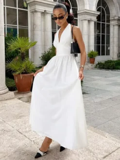 Chic Fitted White Gown With V Neckline Perfect For Summer Events