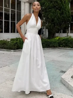 Chic Fitted White Gown With V Neckline Perfect For Summer Events