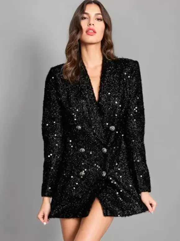 Chic Sequins Blazer Double-Breasted Strong Shoulder Suit Jackets