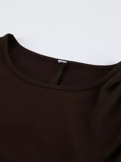Chic Women's Coffee Bodycon Dress - Sexy Ruched Design Long Sleeve Mini Cut - Minimalist Spring Clubwear 2026