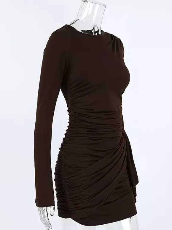 Chic Women's Coffee Bodycon Dress - Sexy Ruched Design Long Sleeve Mini Cut - Minimalist Spring Clubwear 2026
