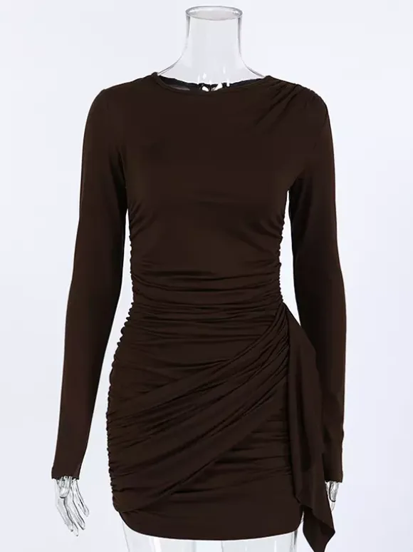 Chic Women's Coffee Bodycon Dress - Sexy Ruched Design Long Sleeve Mini Cut - Minimalist Spring Clubwear 2026