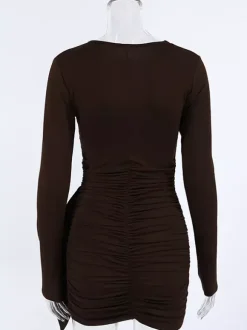 Chic Women's Coffee Bodycon Dress - Sexy Ruched Design Long Sleeve Mini Cut - Minimalist Spring Clubwear 2026