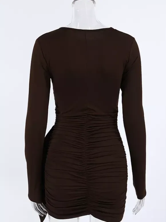 Chic Women's Coffee Bodycon Dress - Sexy Ruched Design Long Sleeve Mini Cut - Minimalist Spring Clubwear 2026