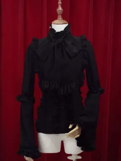 Chiffon Lolita Blouse Long Hime Sleeves Stand Collar Ruffles Lace Up
