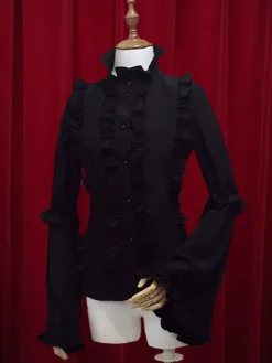 Chiffon Lolita Blouse Long Hime Sleeves Stand Collar Ruffles Lace Up